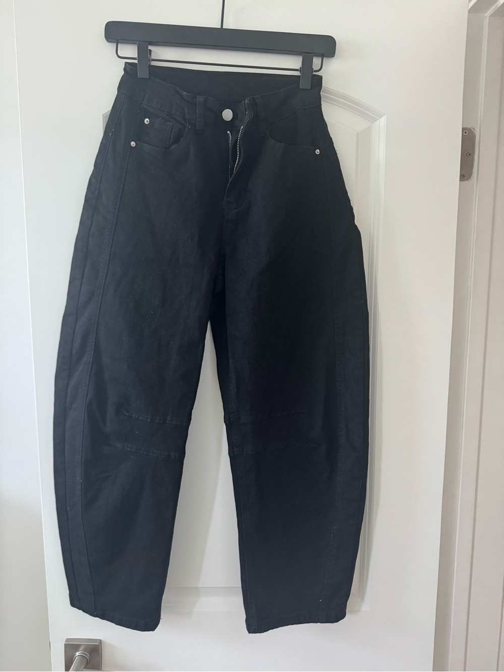 Black High-Rise Barrel Jeans with Front Zip